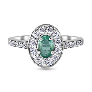 Kagem Zambian Emerald and Natural Cambodian Zircon Ring in Platinum Overlay Sterling Silver .