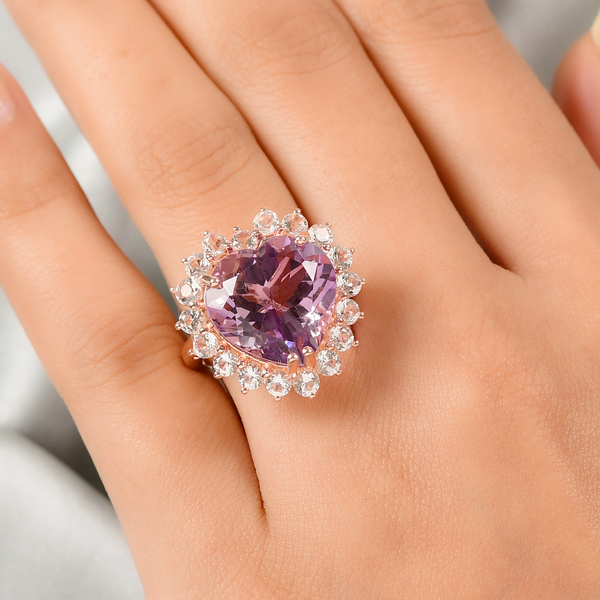 Rose De France Amethyst and White Topaz Ring in Rose Gold Overlay Sterling Silver 10.49 Ct, Silver Wt. 6.00 Gms