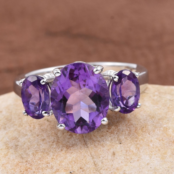Natural Uruguay Amethyst (Ovl 3.25 Ct) 3 Stone Ring in Platinum Overlay Sterling Silver 4.750 Ct.