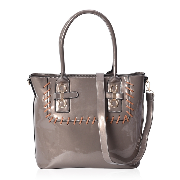 Silver Colour Tote Bag with Detachable Shoulder Strap and External Zipper Pocket (Size 39x29.5x13 Cm