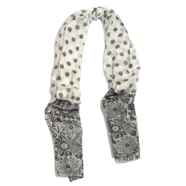 100% Mulberry Silk Floral Pattern Grey and White Colour Scarf (Size 175X110 Cm)