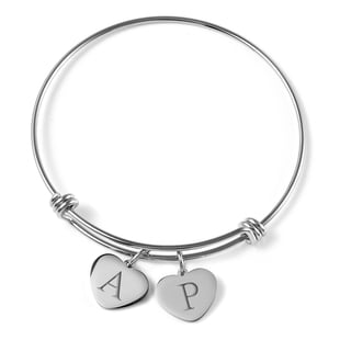 Personalised Engravable 2 Heart Charm Bangle in Silver Tone, Size 7.5"