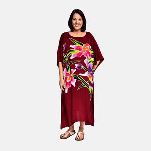 Bali Collection - 100% Viscose Handpainted Floral Pattern Short Kaftan (One Size) - Burgundy