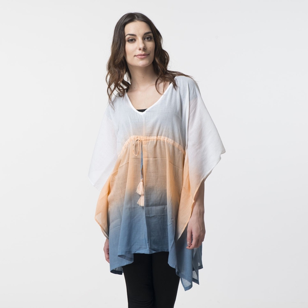 100% Cotton Blue, Peach and White Colour Ombre Effects Poncho (Size 85x60 Cm)