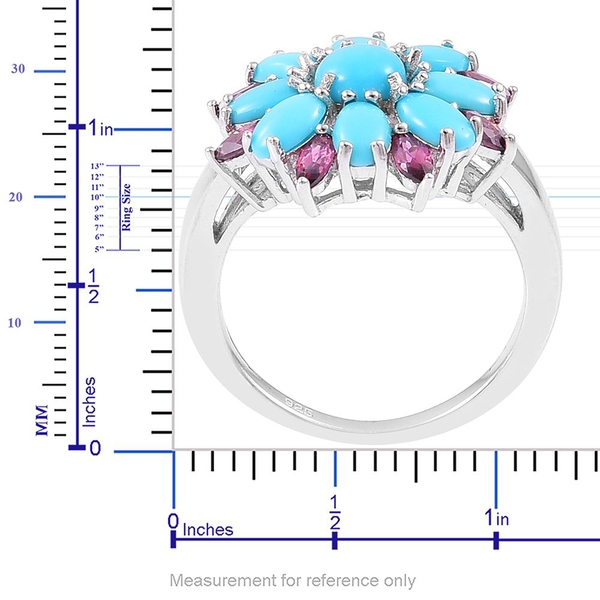Arizona Sleeping Beauty Turquoise (Rnd), Rhodolite Garnet Floral Ring in Rhodium Plated Sterling Silver 2.450 Ct.