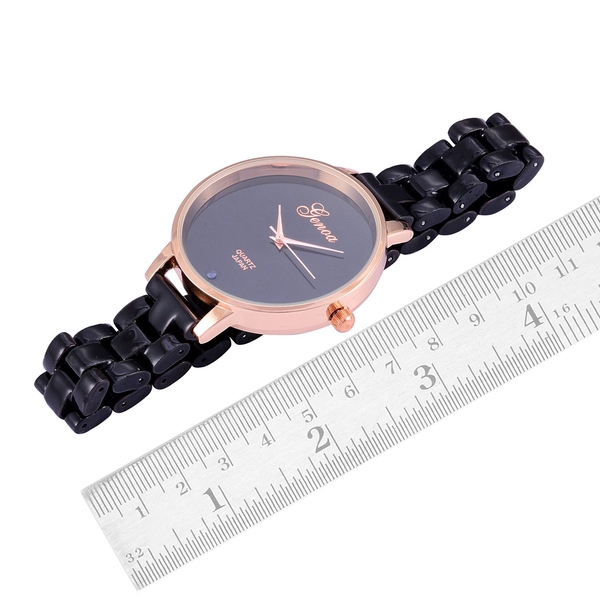 Blue Sapphire studded GENOA Black Ceramic Japanese Movement Black Dial Water Resistant Watch in Rose Gold Tone with Stainless Steel Back