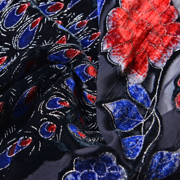 Black, Blue and Multi Colour Peacock and Floral Pattern Scarf with Tassels (Size 158X50 Cm)