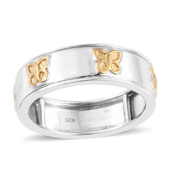 Designer Inspired-Yellow Gold and Rhodium Plated Sterling Silver Butterfly Spinner Ring, Silver wt. 