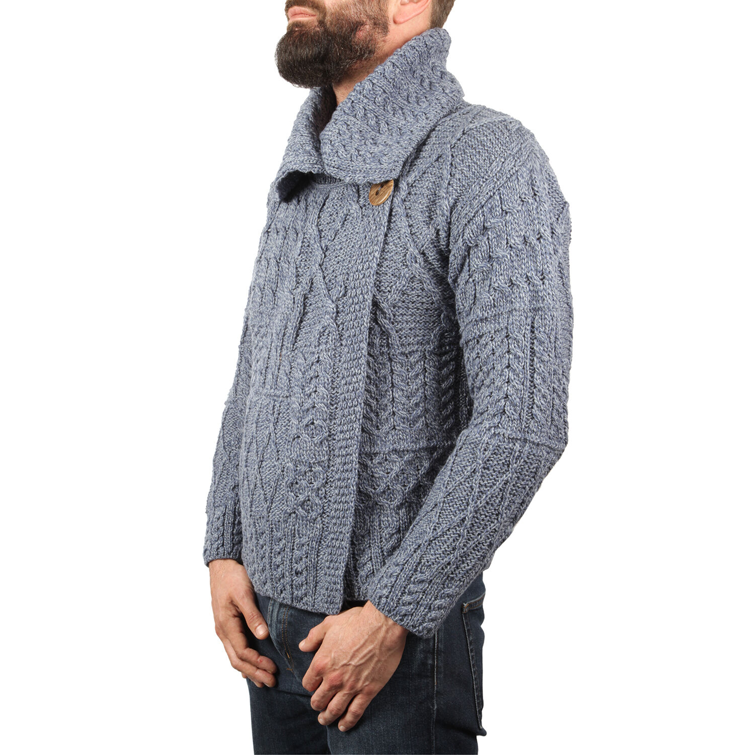 Limited Available - Carraig Donn 100% Merino Wool Knitted Women Cardigan with Pockets and Button-Blue- S size