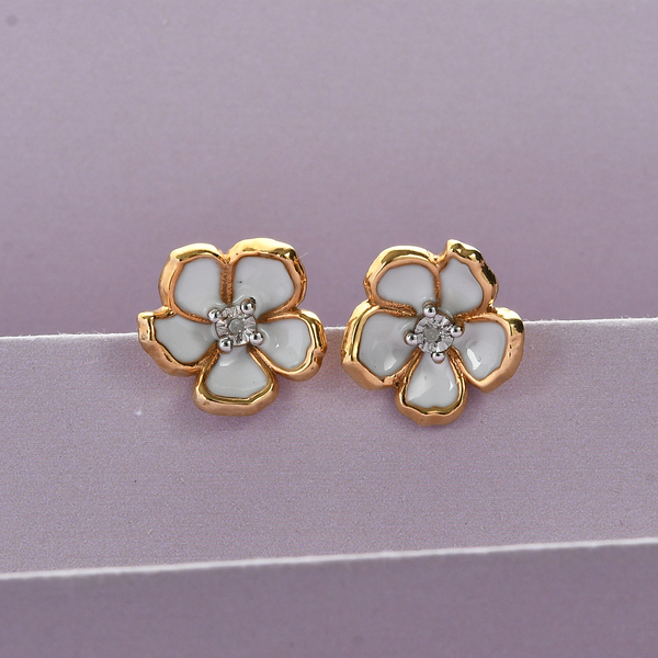 Designer Inspired - Diamond (Rnd) Floral Enamelled Earrings (with Push Back) in 14K Gold Overlay Sterling Silver