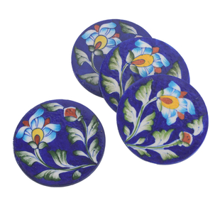 Set of 4 Handprinted Ceramic Coasters - Blue & Multi