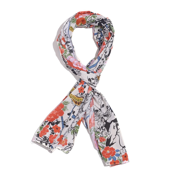 100% Natural Bamboo Fabric Orange and Multi Colour Floral Pattern White Colour Scarf (Size 180x50 Cm
