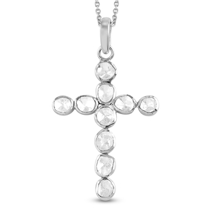 Polki Diamond Cross Pendant with Chain (Size 18) in Platinum Overlay Sterling Silver 1.33 Ct, Silver