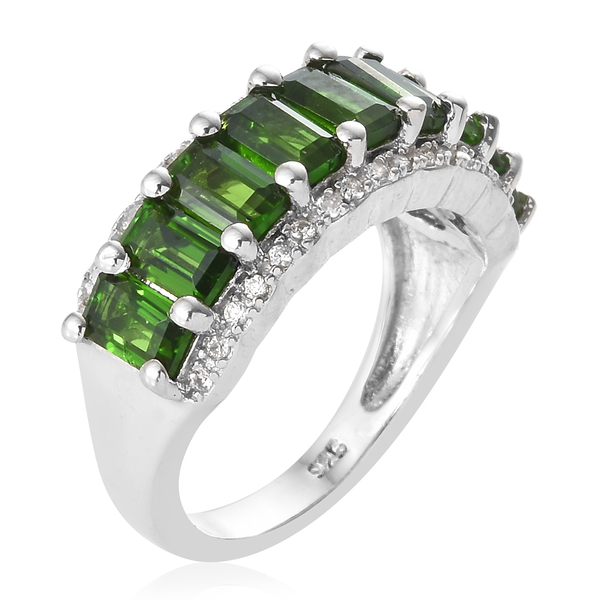 Chrome Diopside (Oct), Natural Cambodian Zircon Ring in Platinum Overlay Sterling Silver 3.500 Ct.
