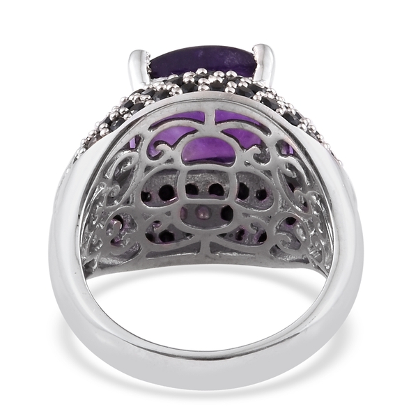 African Amethyst (Cush 7.55 Ct), Boi Ploi Black Spinel Ring in Platinum Overlay Sterling Silver 10.500 Ct. Silver wt. 7.60 Gms.
