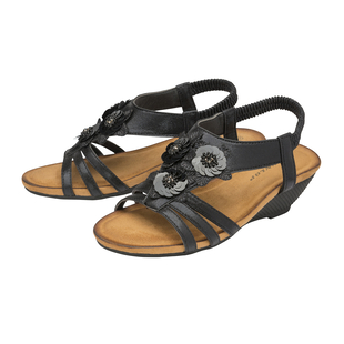 Dunlop Gwen Floral Open Toe Sandals With Elasticated Sling-Back- Black