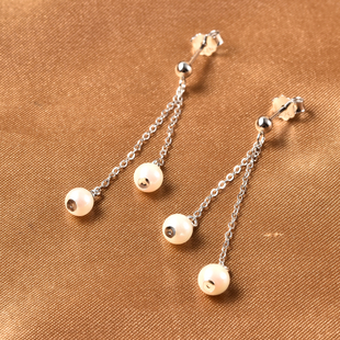 Japanese Akoya Pearl Dangling Earrings (with Push Back) in Rhodium Overlay Sterling Silver