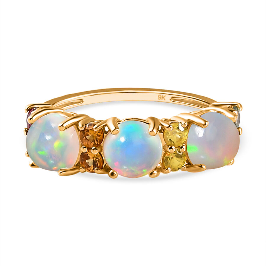 9K Yellow Gold Ethiopian Welo Opal and Multi Sapphire Ring 2.54 Ct.