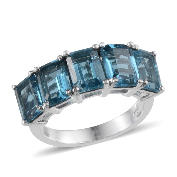 Electric Swiss Blue Topaz (Oct) 5 Stone Ring in Platinum Overlay Sterling Silver 5.500 Ct.
