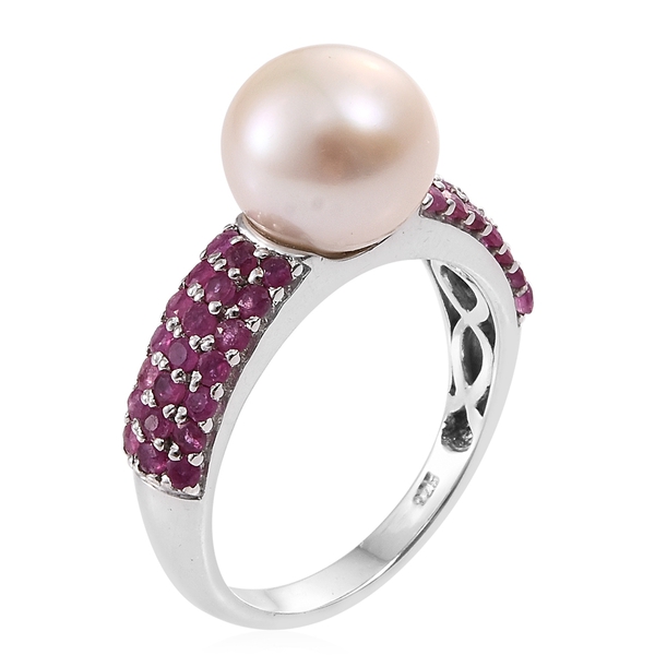 Fresh Water Pearl (Rnd 10mm), African Ruby Ring in Platinum Overlay Sterling Silver