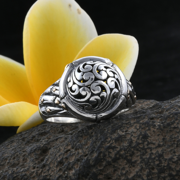Bali Legacy Collection 18K Yellow Gold and Sterling Silver Filigree Ring, Metal wt 7.73 Gms.
