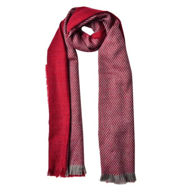 Designer Inspired-Red and Grey Colour Stripes Pattern 3 Way Wearable Scarf with Fringes (Size 200X75 Cm)