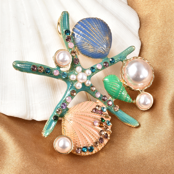 Multi Colour Austrian Crystal and Simulated Pearl Marine Life Enamlled Brooch Come Pendant in Yellow Gold Tone