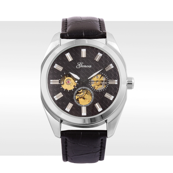 GENOA Automatic Skeleton Black Dial Watch in Silver Tone with Stainless Steel and Glass Back