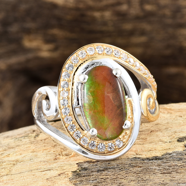 AA Canadian Ammolite (Ovl 12x7 mm), Natural White Cambodian Zircon Ring in Platinum and Yellow Gold Overlay Sterling Silver.