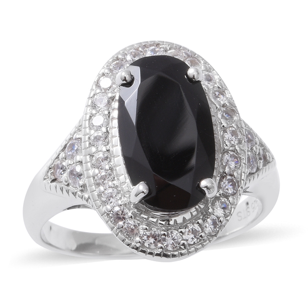 6.02 Ct Boi Ploi Black Spinel and Zircon Halo Ring in Silver 5.33 Grams