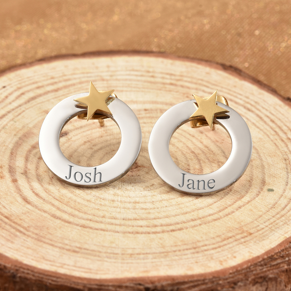 Personalised Engravable Polo Round Stud Earrings with Star, in Silver Tone