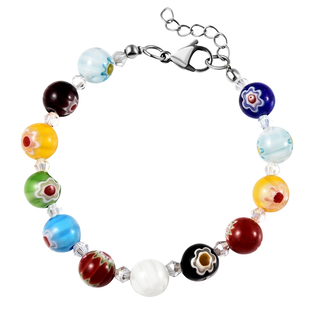 Multi Colour Murano Glass and Simulated Diamond Beads Bracelet (Size - 7.5 Inch 1.5 Extender) in Sta