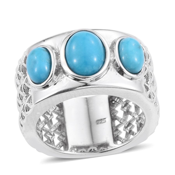 Arizona Sleeping Beauty Turquoise (Ovl 1.15 Ct) 3 Stone Ring in Platinum Overlay Sterling Silver 2.0