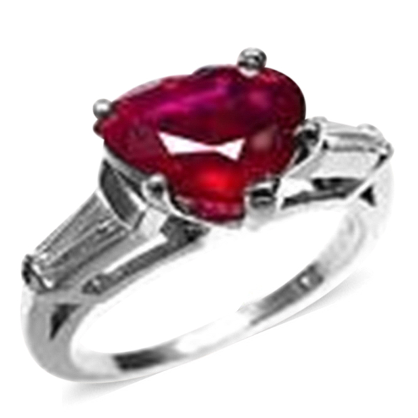 African Ruby (Hrt 11.00 Ct), Natural Cambodian White Zircon Ring in Rhodium Plated Sterling Silver 1