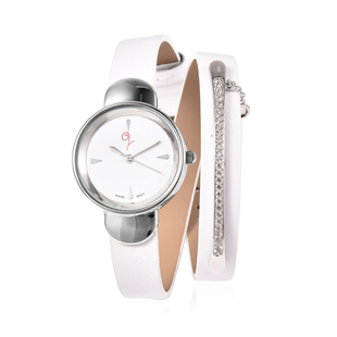 LUCYQ Swiss Movement White Dial 3ATM Water Resistant Watch with 3 Row White Leather Strap and Natura
