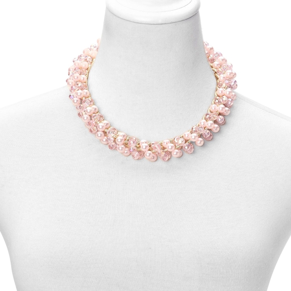 Simulated Pink Sapphire and Simulated White Stone Necklace (Size 18 with 3 inch Extender) in Gold Tone