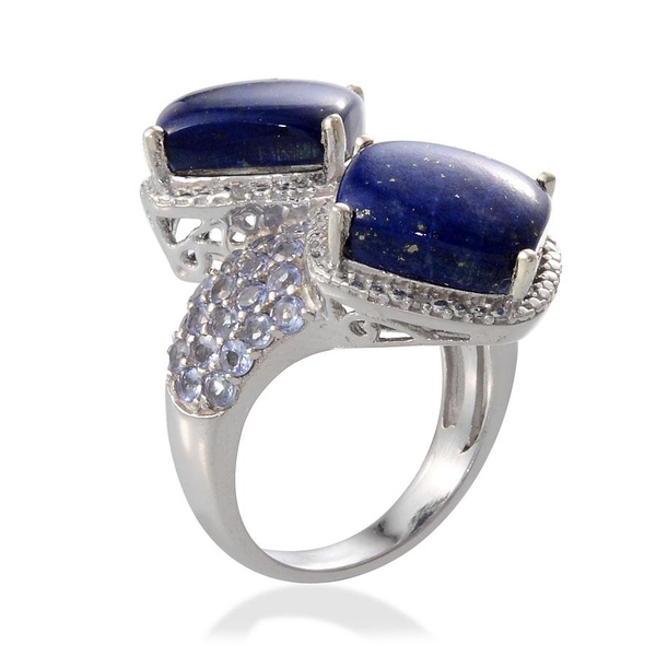 Lapis Lazuli (Cush), Tanzanite and Diamond Crossover Ring in Platinum Overlay Sterling Silver 13.170 Ct.
