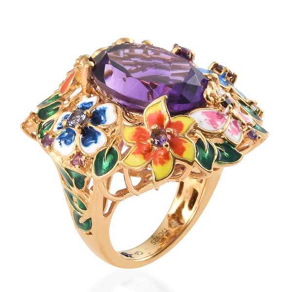 GP Amethyst (Ovl 18x13mm, 11.50 Ct), Chrome Diopside, Mozambique Garnet and Multi Gemstone Enameled Ring in 14K Gold Overlay Sterling Silver 12.000 Ct, Silver wt 11.63 Gms.