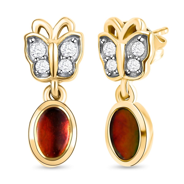 Ammolite and Natural Cambodian Zircon Dangling Earrings( With Push Back) in Vermeil Yellow Gold Overlay Sterling Silver 1.19 Ct.
