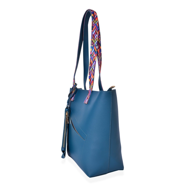 Teal Colour Handbag (Size 41X29.5X27.5X13 Cm) with Multi Colour Shoulder Strap and Pouch (Size 20X12.5 Cm)