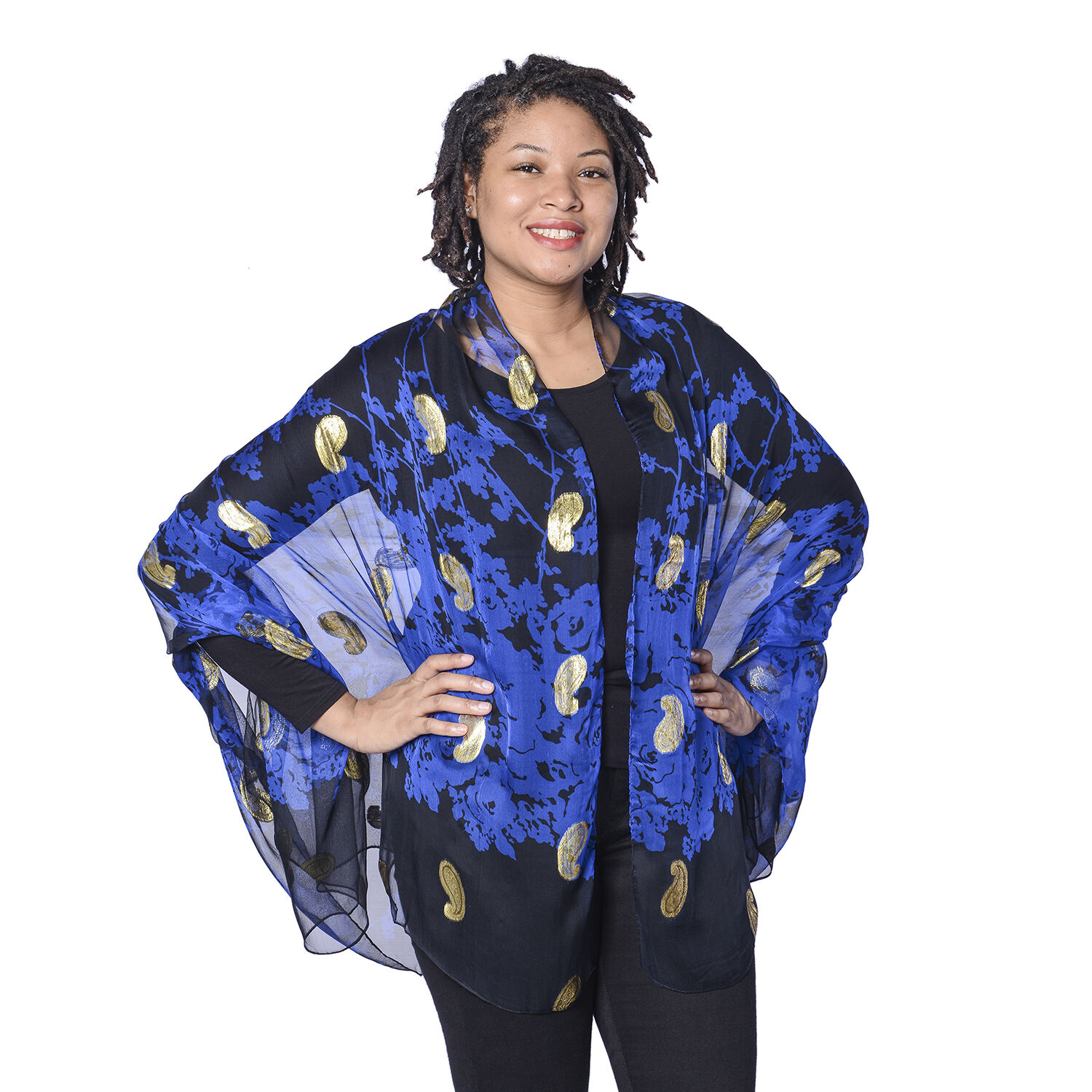 LA MAREY 100% Mulberry Silk Dark Blue Scarf with Golden Embroidery (180x110cm)