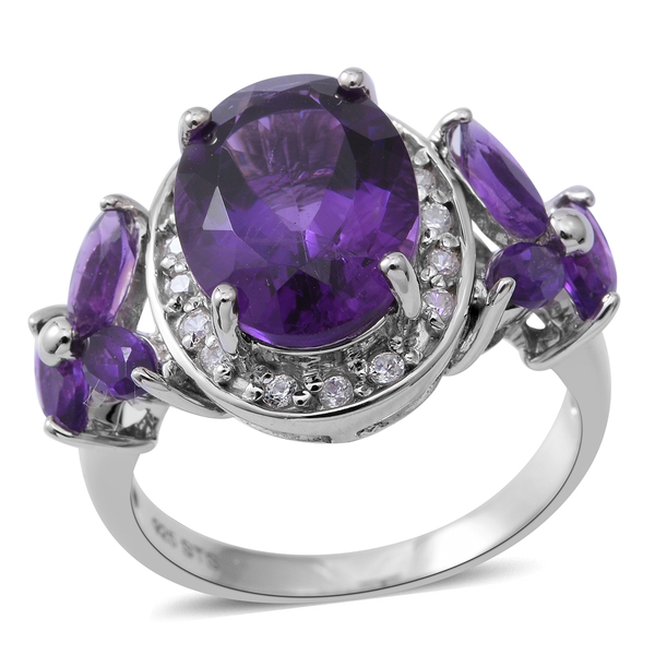 7.33 Ct Lusaka Amethyst and Zircon Halo Ring in Rhodium Plated Silver 5.94 Grams