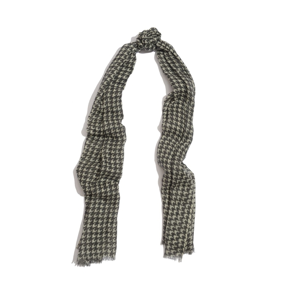 100% Merino Wool Woven Houndstooth Pattern Charcoal and White Colour Scarf (Size 175x70 Cm)