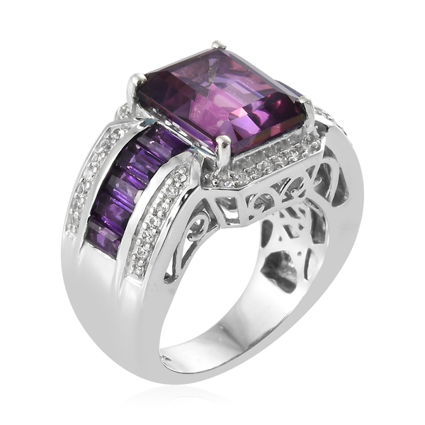 Lulaby Mystic Topaz (Oct), Amethyst, Natural Cambodian Zircon Ring in Platinum Overlay Sterling Silver 7.500  Ct, Silver wt; 8.40 Gms.