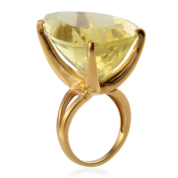 Brazilian Green Gold Quartz (Pear) Solitaire Ring in 14K Gold Overlay Sterling Silver 55.000 Ct.
