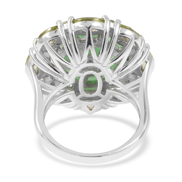 Green Jade, Hebei Peridot and Natural Cambodian White Zircon Carved Jade Ring in Rhodium Overlay Sterling Silver 9.880 Ct.