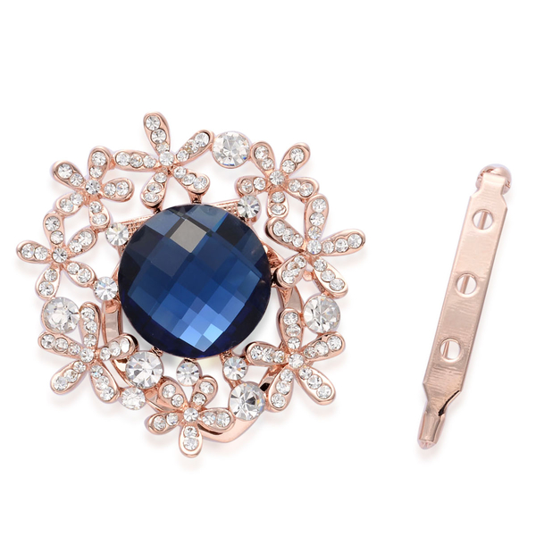 Simulated Blue Sapphire and White Austrian Crystal Brooch or Scarf Clip in Rose Gold Tone