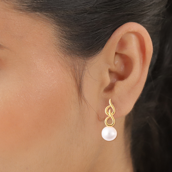 White Edison Pearl Designer Drop Earrings (with Push Back) in Yellow Gold Overlay Sterling Silver