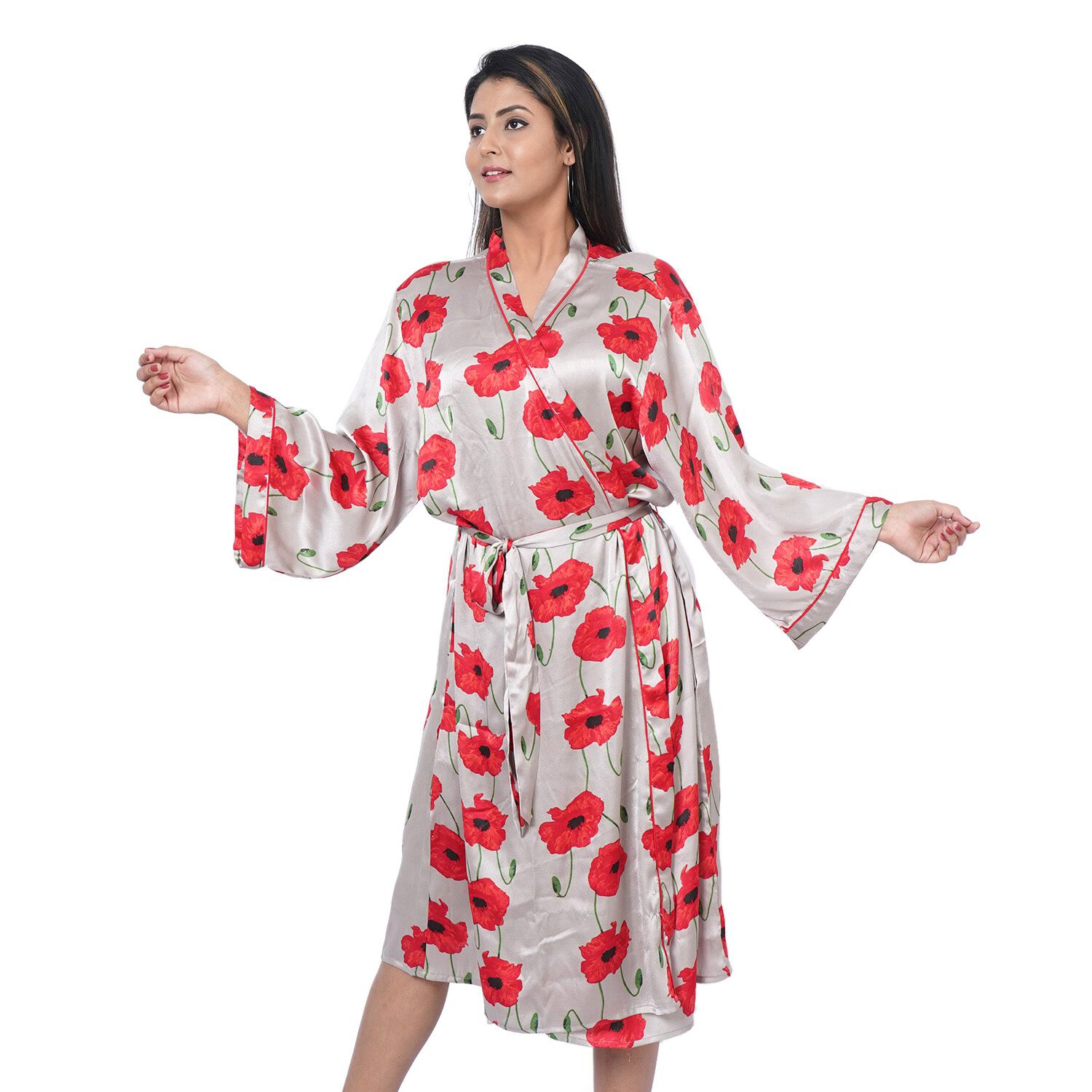 Floral Printed Satin Robe with Bell Sleeve (Size L  16-18  Length: 110cm) - Grey