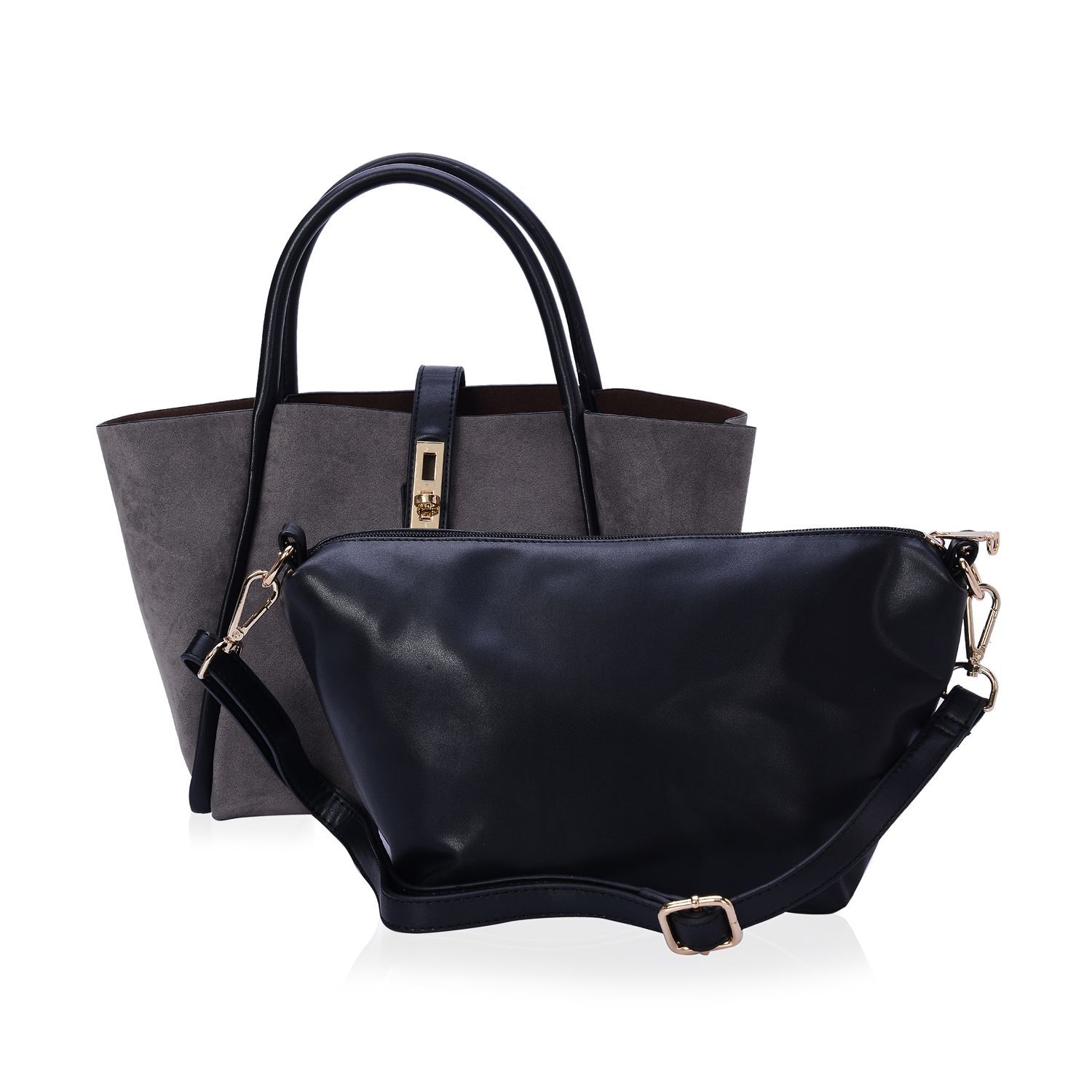 Set of 2 - Grey Colour Tote Bag and Black Colour Crossbody Bag with Adjustable and Removable Shoulde